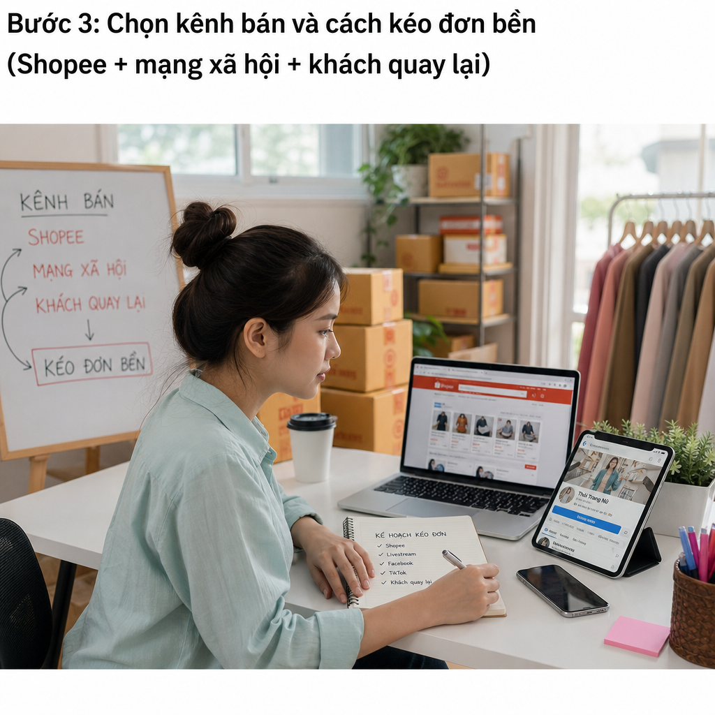 Minh hoạ cách bán hàng online trên laptop và điện thoại với giỏ hàng, đơn hàng và biểu đồ doanh thu