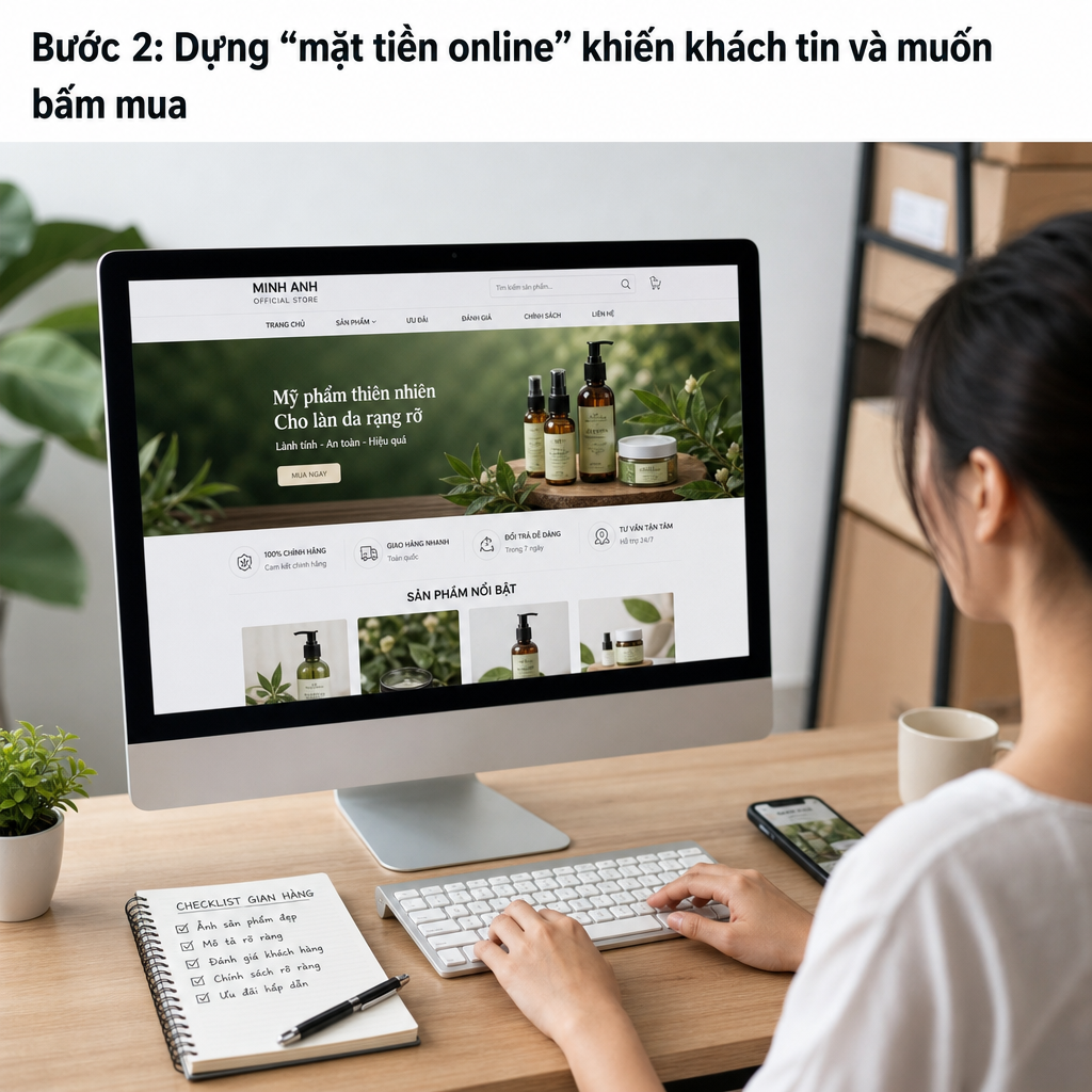 Minh hoạ cách bán hàng online qua điện thoại và laptop, quản lý đơn hàng và tương tác khách hàng trên mạng xã hội