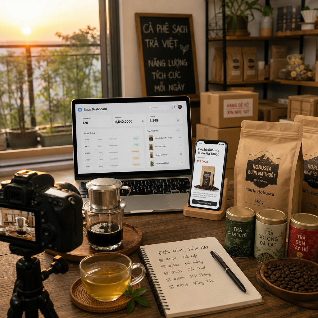 Ảnh bìa về cách bán hàng online với laptop, điện thoại và biểu đồ doanh số tăng trưởng trên nền thương mại điện tử