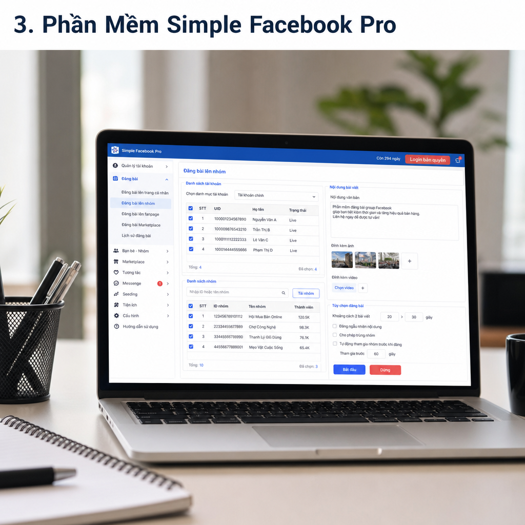 Giao diện phần mềm tự động đăng bài lên nhiều group Facebook, quản lý lịch đăng và nội dung bài viết