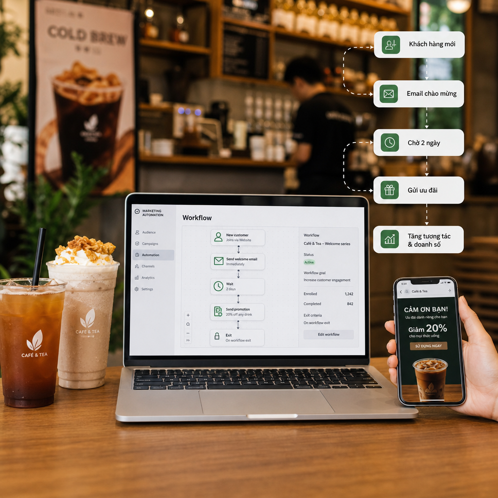 Minh hoạ marketing tự động với quy trình tự động hoá gửi email, phân loại khách hàng và theo dõi hiệu quả chiến dịch