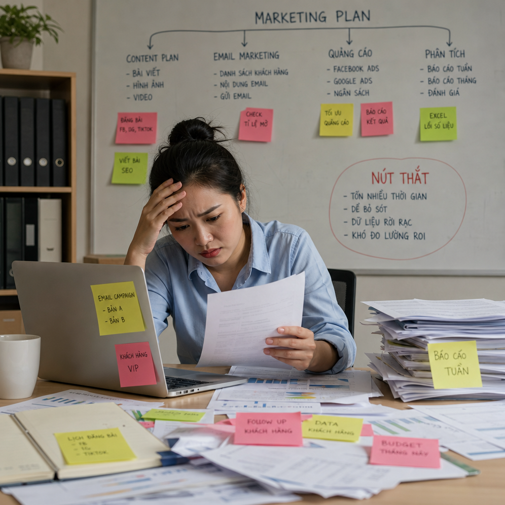 Minh hoạ quy trình marketing tự động với biểu đồ phễu, email, chatbot và phân tích dữ liệu trên màn hình máy tính
