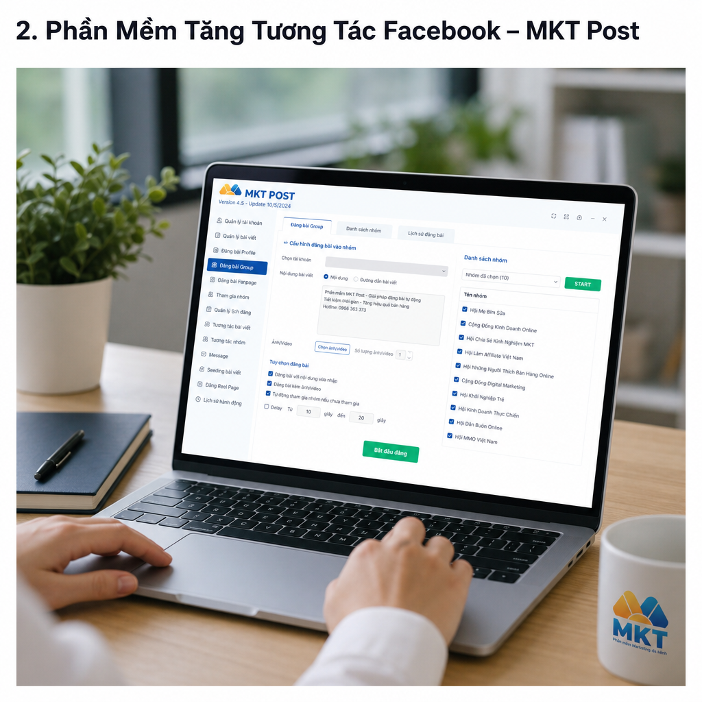 Minh hoạ phần mềm đăng bài tự động lên nhiều nhóm Facebook, quản lý lịch đăng và nội dung bài viết