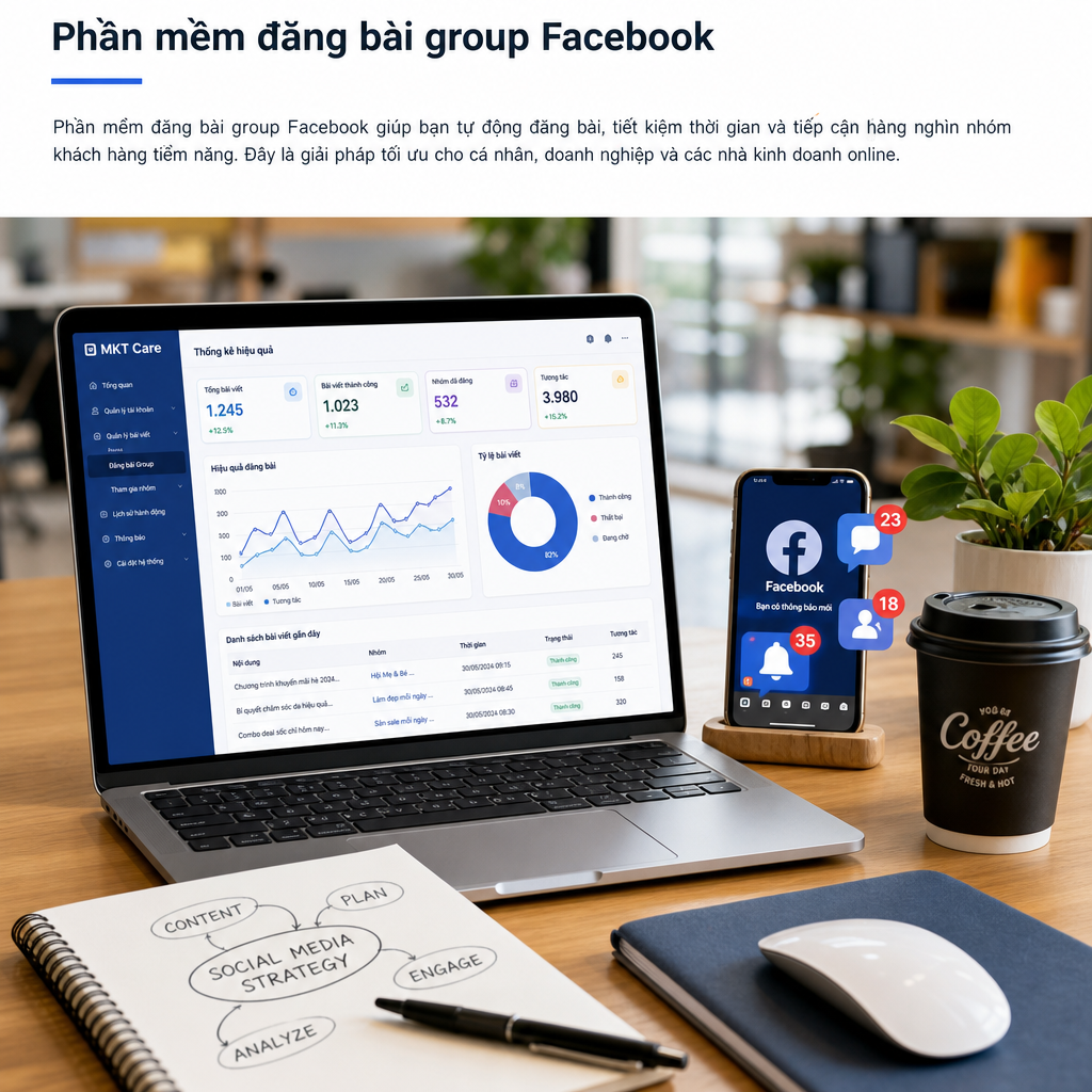 Ảnh bìa phần mềm đăng bài tự động lên nhóm Facebook, giao diện quản lý lịch đăng và nhiều group cùng lúc