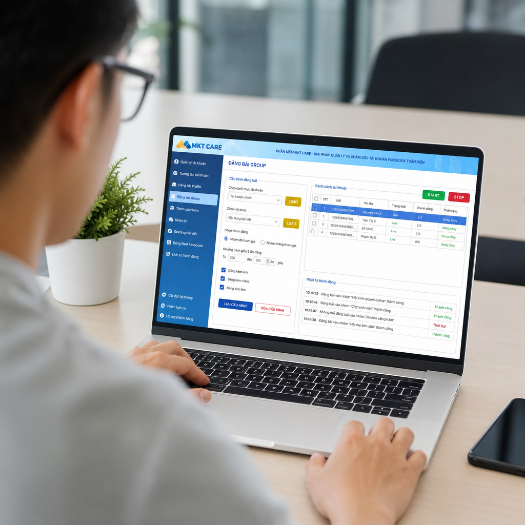 Giao diện phần mềm đăng bài tự động lên nhiều group Facebook, hiển thị lịch đăng và danh sách nhóm