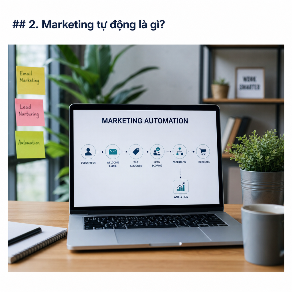 Ảnh bìa marketing tự động với biểu đồ tăng trưởng, email và quy trình tự động hóa trên màn hình laptop